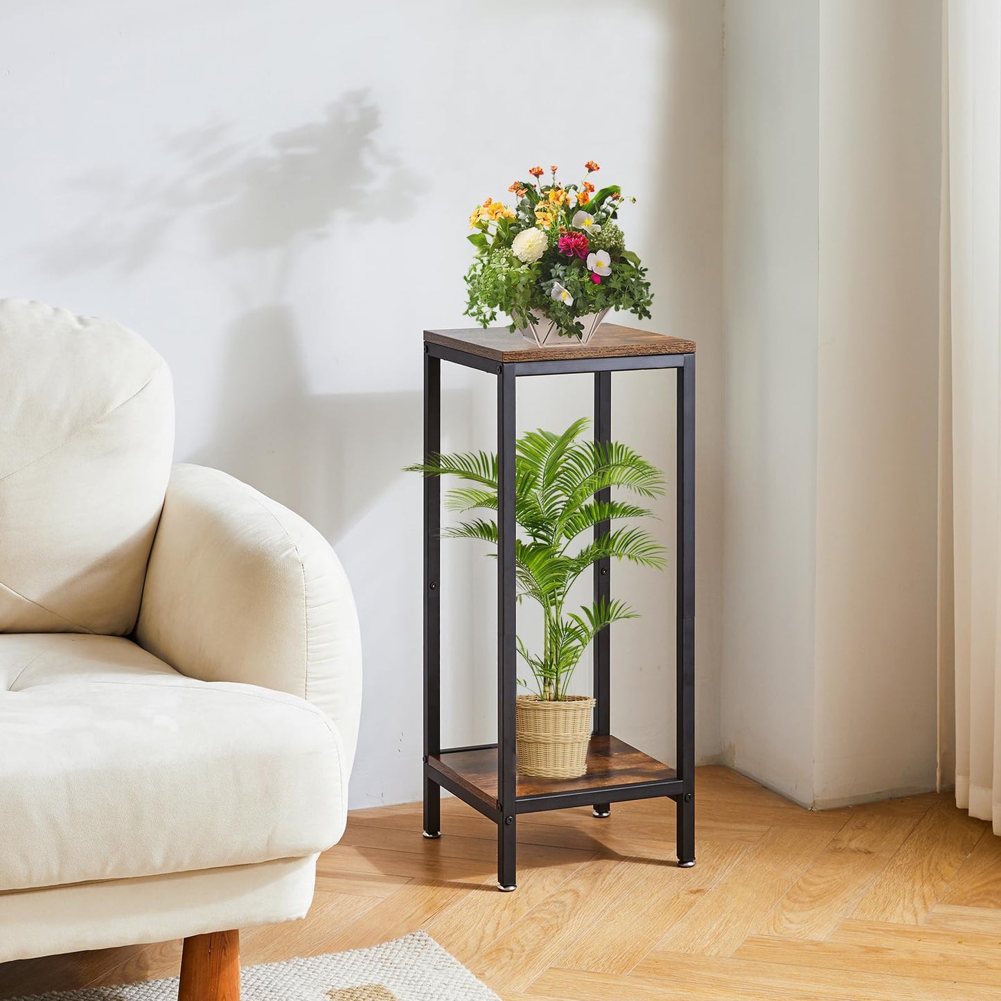 IBUYKE 30 Inch Tall Plant Stand Indoor, 2 Tier Wood Corner Plant Stand, Modern Square Plant Shelf Flower Stand for Living Room Patio Balcony Garden, Rustic Brown TMJ071H
