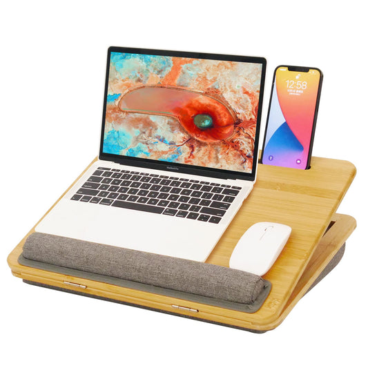 Adjustable Bamboo Lap Desk with Cushion - 5 Tilting Angles Ergonomic Laptop Bed Tray for Computers 15 inches or Less, Phone & Tablet Holder Slot, Dual Bolster for Comfort on Couch, Bed, Sofa & Car