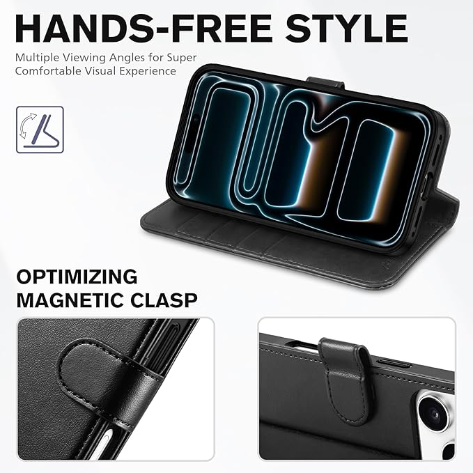 TUCCH Wallet Case for iPhone 17 Pro (6.3") 2025, RFID Blocking 4 Card Holders | Kickstand | Shockproof TPU Shell | PU Leather | Magnetic Closure | Protective Flip Folio Cover | Black