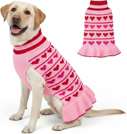 KYEESE Valentines Dog Sweater, Stretchy Pullover Dog Sweaters for Large Dogs, Soft Turtleneck Large Dogs Sweater with Heart Print, Warm Pet Sweaters Dress, Comfy Pet Clothes Coat with Leash Hole, 3XL
