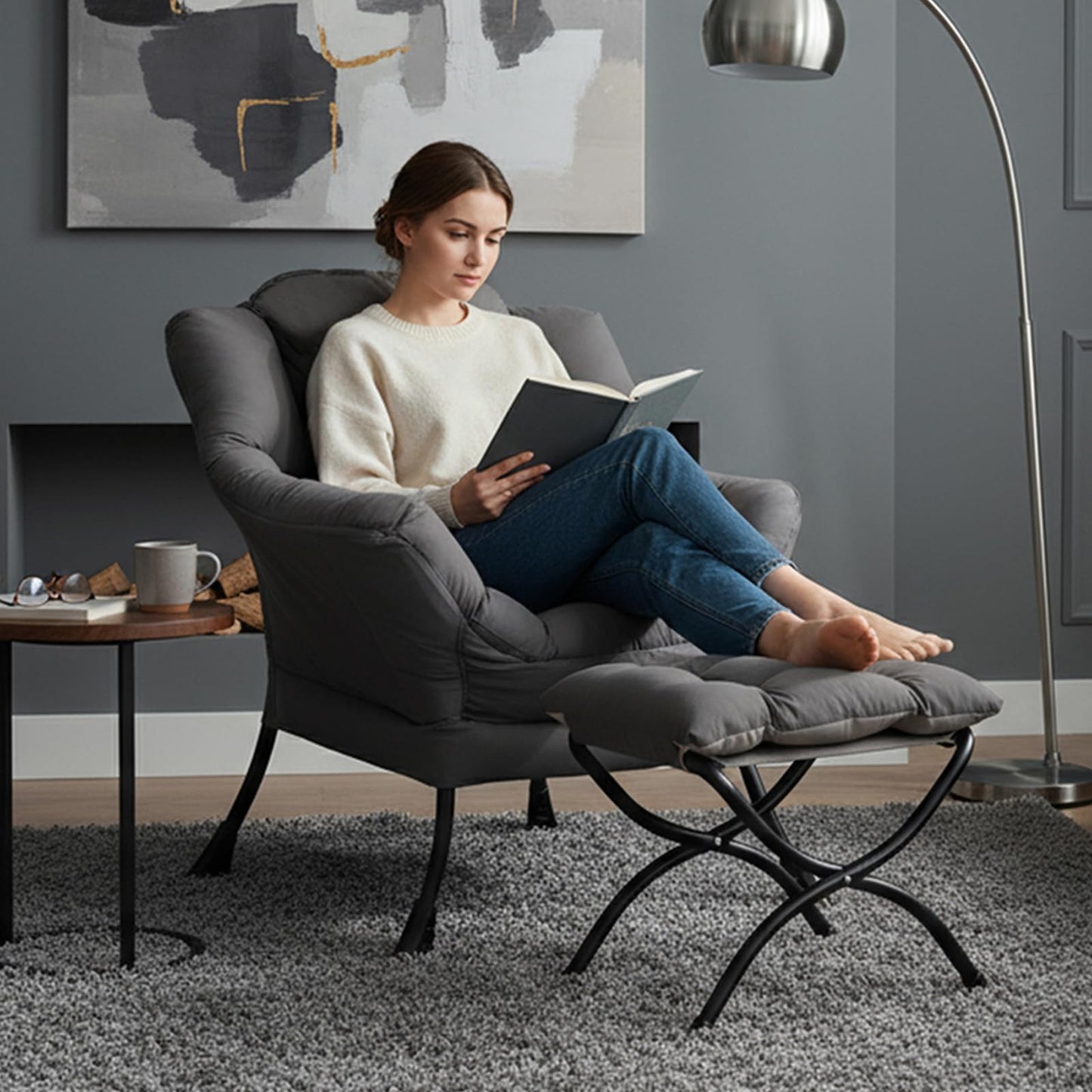 YOTATING Lazy Chair with Ottoman, Lounge Accent Arm Chair with Armrests, Side Pocket and Footrest, Leisure Upholstered Sofa Reading Chair with Footstool for Living Room Bedroom, Dark Grey