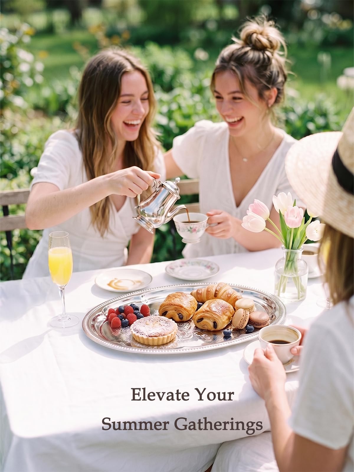 4-Pack 15.7" x 11.8" Silver Serving Trays for Party Set - Oval Floral Engraved Serving Platters, Wedding Birthday Mirror Tray for Summer BBQ, Food, Appetizer, Charcuterie, Cookies, Desserts