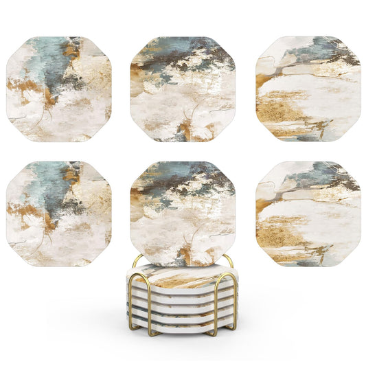 UMIRRO Ceramic Stone Coasters for Drinks Absorbent with Holder for Wooden Coffee Table Decor, Stoneware Cup Coasters for Iced Cold or Hot Drinks, Rustic Retro Boho Style, Gold, 4" Set of 6
