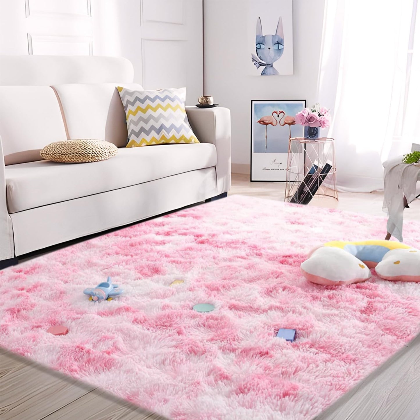 AIMECO Tie-Dyed Pink 4X6 Ft Fluffy Plush Carpet, Anti-Slip Shag Area Rug, Machine Washable Indoor Rug for Living Room, Girls Bedroom, Kids Bedside, Nursery, Home Room Decor