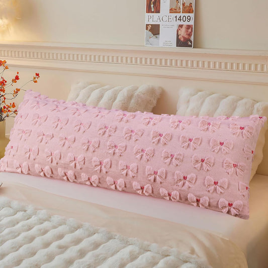 Merrycolor Light Pink Bow Body Pillow Covers 20x54 Inch Embroidered Love Heart Pattern Cute Girl Coquette Room Decor Pillowcase Long Body Pillowcase with Zipper for Preppy Room Decor Bedroom Couch