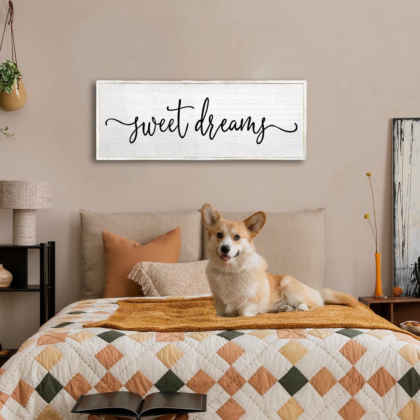 Sweet Dreams Wall Decor Above Bed Sign 32''×12'' Large Wood Framed Master Bedroom Guest Room Sweet Dreams Signs Farmhouse Rustic Wall Art Decoration (White)