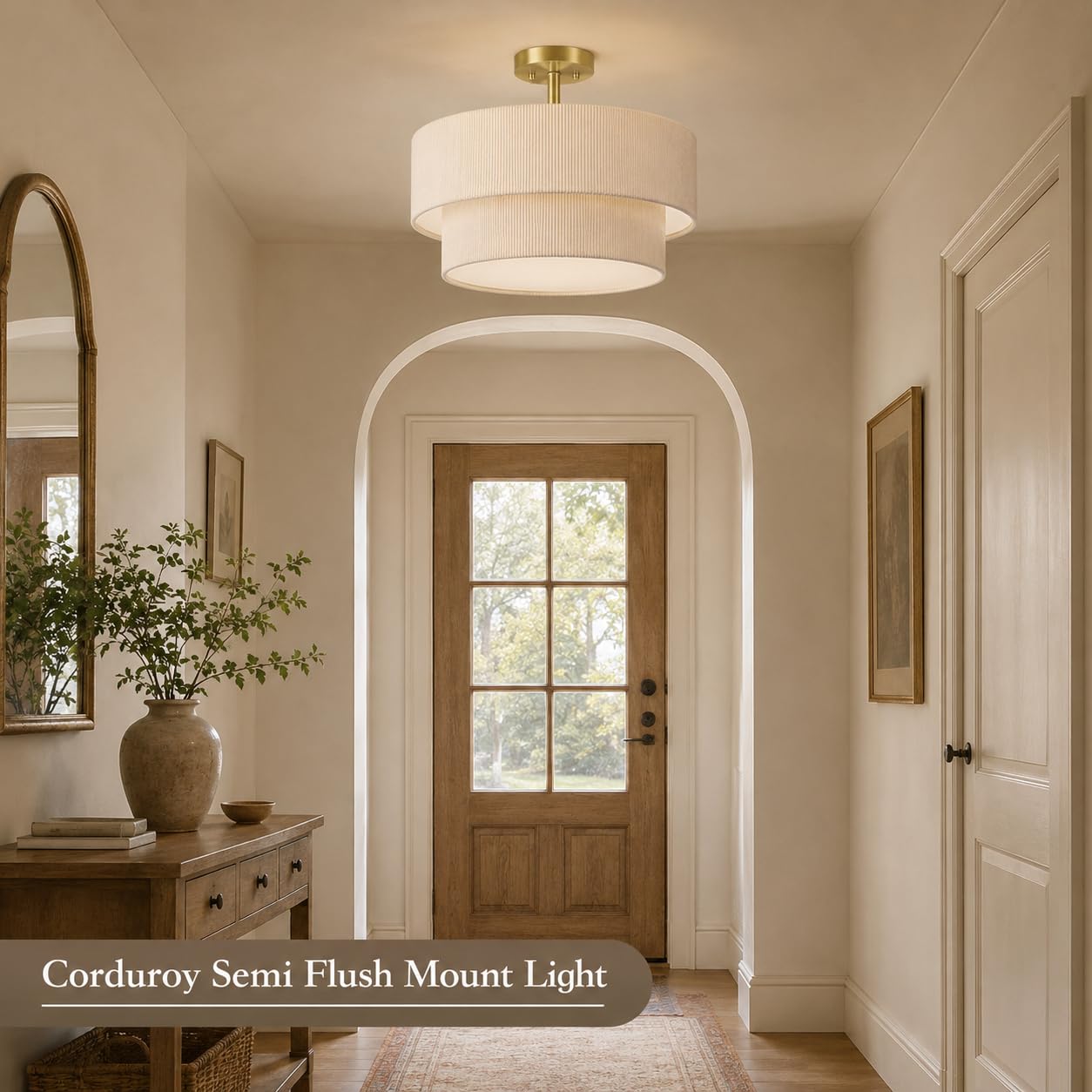 BoostArea 2-Tier Corduroy Semi Flush Mount Ceiling Light, 16.5'' Gold Drum Ceiling Fixture with Beige Fabric Shade, Soft Ambient Glow Close to Ceiling Lamp for Bedroom/Dining Room/Entryway/Low Ceiling