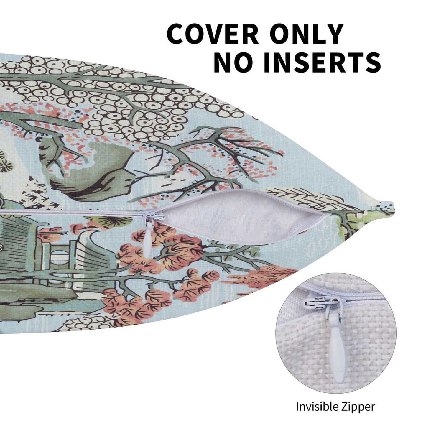 Wsunsal Chinoiserie Pillow Cover 22x22 Inch Set of 2, Asian Scenic Coral Green Blue Throw Pillows Farmhouse Chinoiserie Decorative Pillowcase Linen Cushion Cover for Home Sofa Bedroom Outdoor