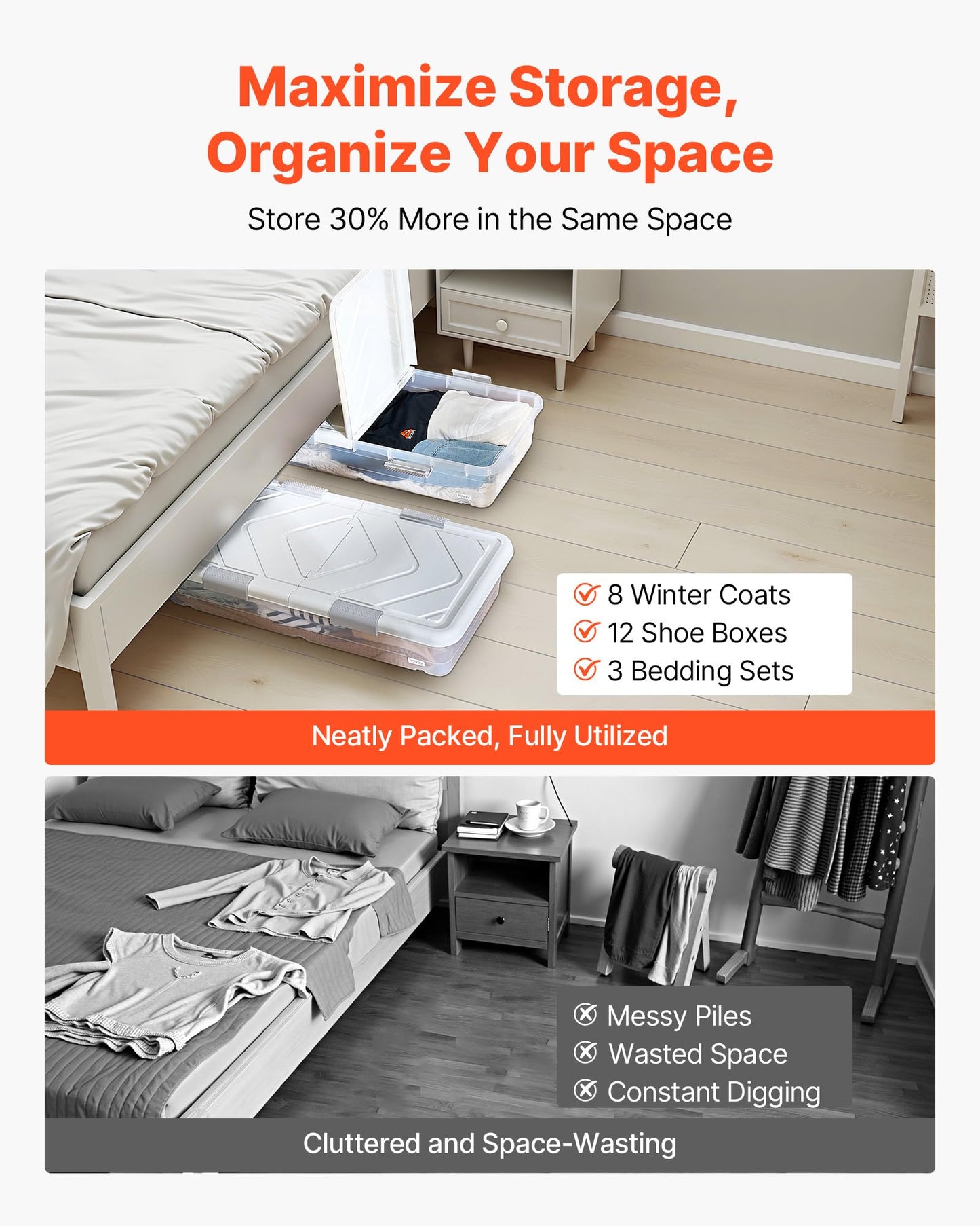VEVOR Under Bed Storage with Wheels, 39.8 x 20.1 x 5.9 inch Underbed Containers, Underbed Shoes Organizer with Lid & Gray Latch, Rolling Under the Bed Storage Bins for Clothes Shoes Blankets, 2 Pack