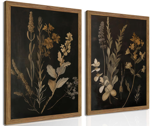 Kousne Dark Botanical Canvas Wall Art Vintage Moody Floral Prints with Wood Frame Dark Academia Aesthetic Gallery Painting Wall Decor for Living Room Bedroom or Office 12x16 Inch Set of 2