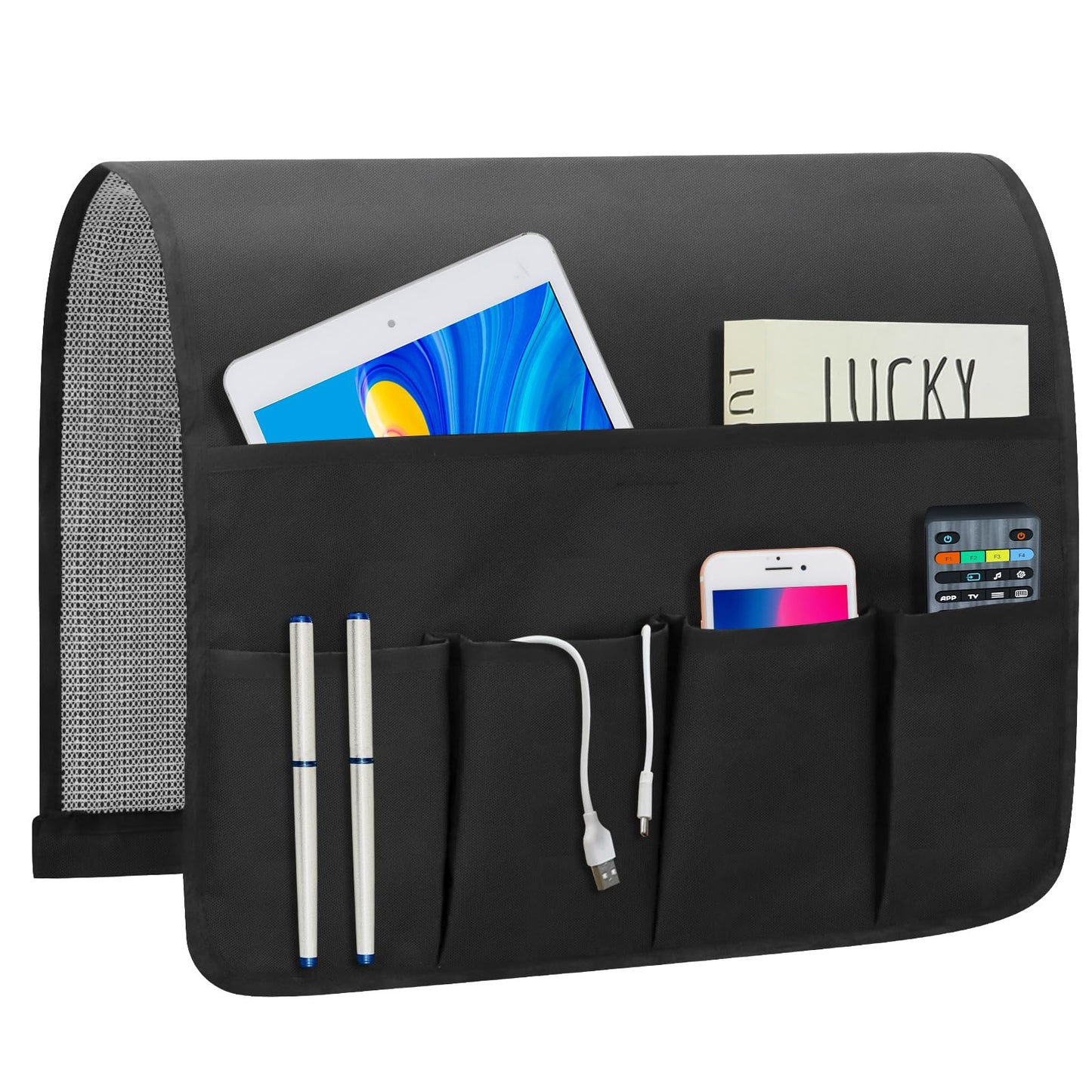 WETRBWEH Non-slip Couch Organizer Armchair Caddy, Oxford TV Remote Control Holder Bedside Caddy with 5 Pockets for Key Glasses Phone Magazine Holders.