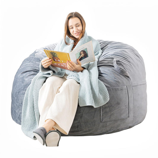 EDUJIN Bean Bag Chair, Memory Foam Bean Bag Chairs for Adults, Soft Velvet Cover, Stylish Beanbag Sofa for Living Room, Convenient Pocket & Pull-Handle Design - 3 Foot, Grey