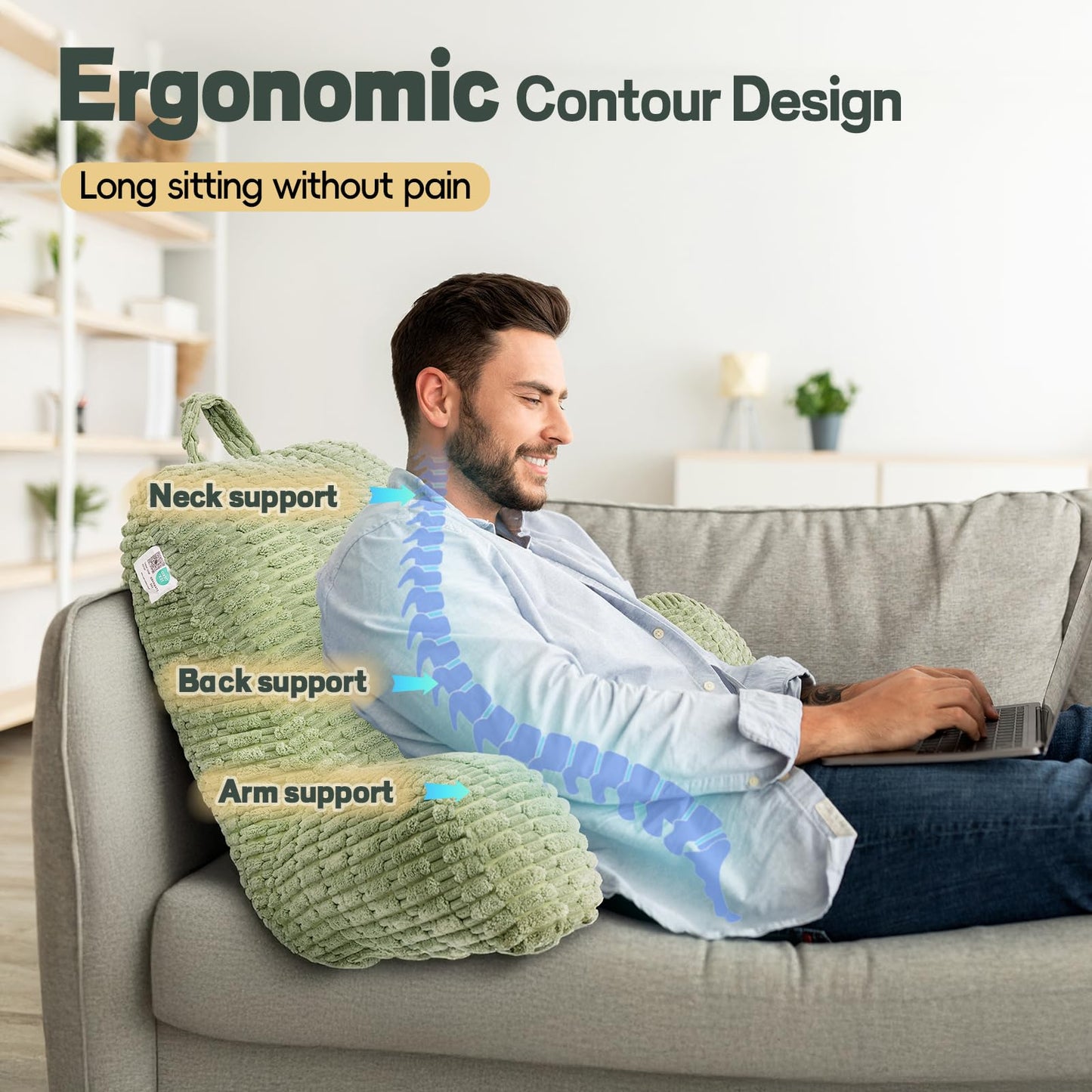 LUISOF 21" Higher Large Reading Pillow for Bed Adult, Back Pillow for Bed Sitting Up with Memory Foam Back Support with Arms Rest for Couch Chair Sage Green