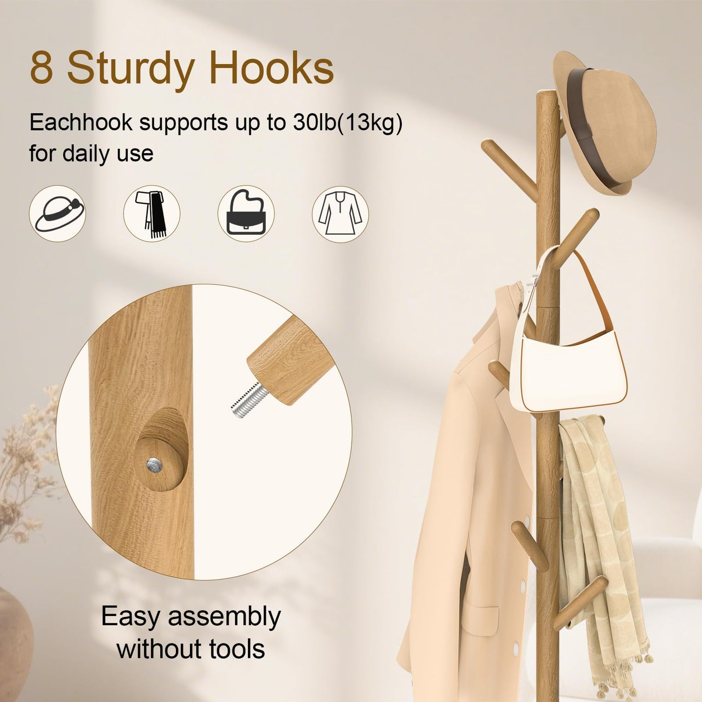 YheenLf Coat Rack Freestanding with Stable Square Base for Cloathes, Hat, Used in Bedroom, Office and Entryway, Sturdy and Easy Assembly Coat Tree with 3 Adjustable Sizes and 8 Hooks, Natural