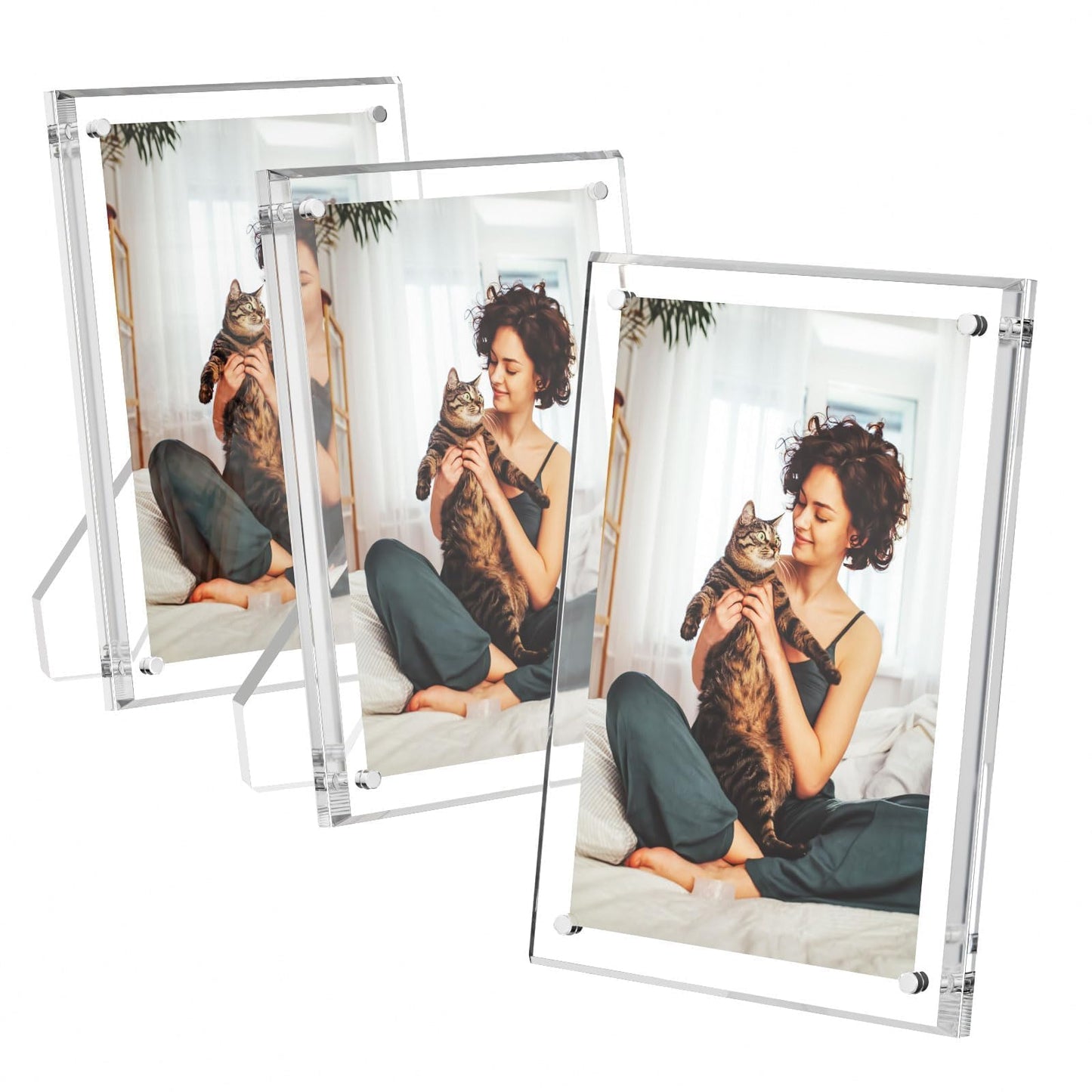 AITEE 5x7 Acrylic Picture Frames 3 Pack, Clear Picture Frames with Stand, Magnetic Frame Lucite Frameless Transparent Floating Gift for Home Desktop Display