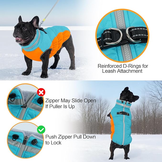 OUOBOB Warm Dog Coats for Small Dogs, Puppy Jacket, Waterproof Dog Jacket with Harness Built in, Zipper Clousure, Fleece Lining for Cold Weather, Small Puppy Clothes for Chihuahua, Maltese - XS