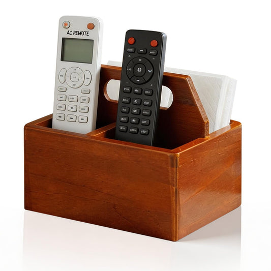 DAWASAPAT Acacia Wood Remote Control Holder with Handle, Desk Organizer with 3 Compartments, Wood TV Stand Decor, Easy Storage TV Remote Holder for Living Room, Bedside Caddy, Office Supplies