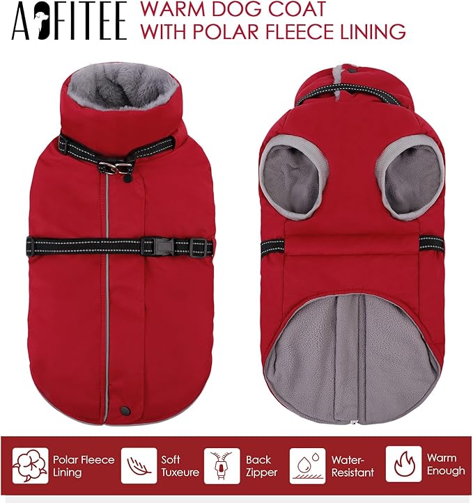 AOFITEE Dog Coat, Warm Dog Winter Coat with Harness Built in, Waterproof Pet Snow Jacket with Zipper on Back, Fleece Pet Sweater Outdoor Puffer Jacket Snowsuit for Extra Large Dogs, Christmas Red XXL