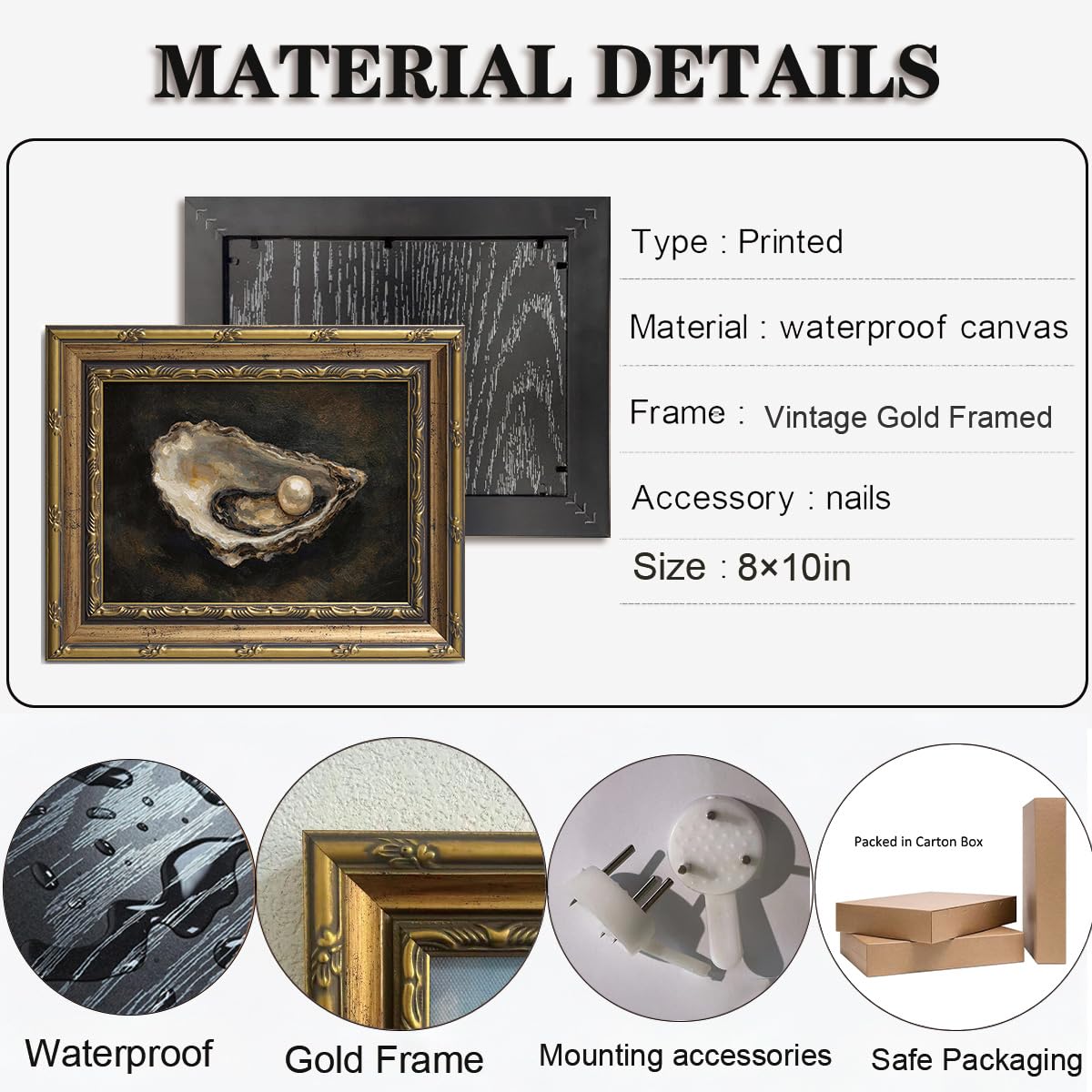 Gold Framed Wall Art Classical Pearl Oyster Painting for Kitchen Countertop Decor French Country Still Life Picture Ornate Framed Canvas Artwork for Dining Room 8x10 Inch