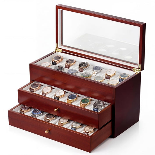 Silipull 36 Slot Watch Storage Box 3-layer Wood Storage Organizer with Acrylic Lid Display Box for Men and Women Top Layer for Larger Watches 2 Drawers for Regular Size Watch Collection