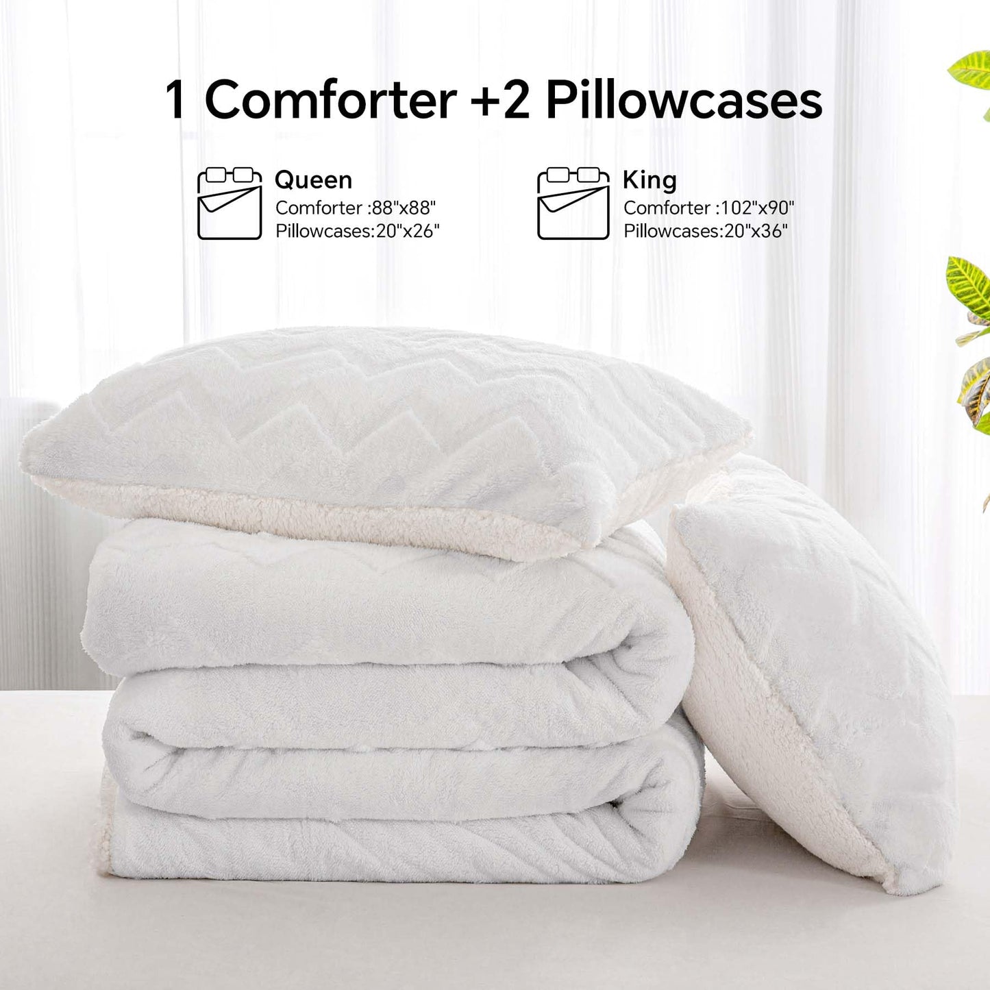 BEDELITE Fluffy Queen Comforter Set - Super Soft Sherpa White Comforter for Queen Size Bed, Luxury Warm Bedding Set for Winter, Fuzzy Bed Set 3 Pieces (1 Comforter, 2 Pillowcases)