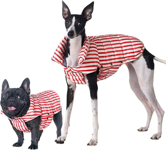 SPACE LION Dog Puffer Jacket, Down Winter Coat, Durable Outdoor Coat for Cold and Windy Conditions, Lightweight & Adjustable Fit Coats for Medium & Large Dogs, (RedStripe, Size 16 Gift Box)