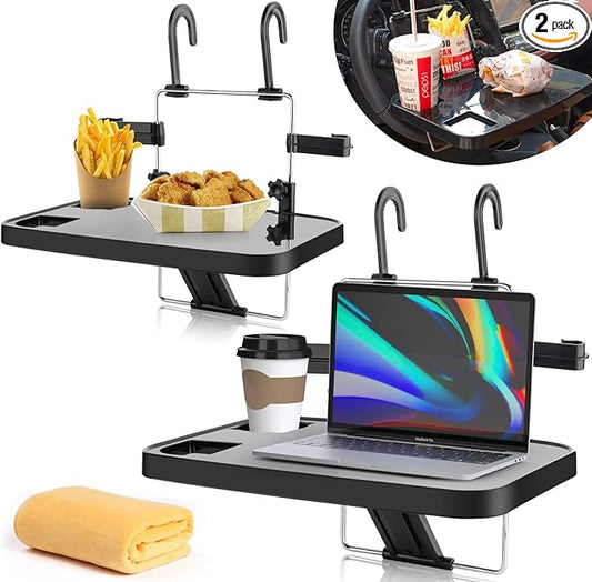 AutoChoice Foldable Car Seat Back Portable Tray for Food Dining Drink and Laptop, Hanging Car Steering Wheel Tray (2 Pack)