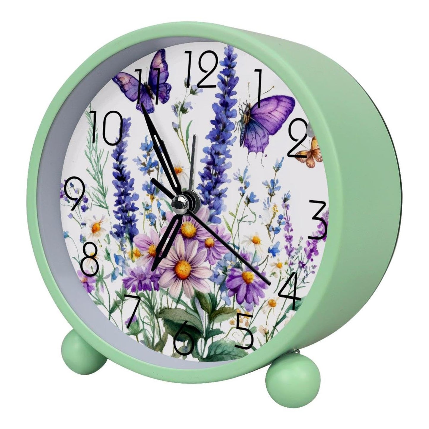 IROLSKDNFH 4.3" Analog Alarm Clock Silent Non Ticking, Small Clock with Night Light Battery Operated, Gentle Wake, Easy Set and Read (Wildflowers Purple Bluebell Sage Chamomile with Butterflies)