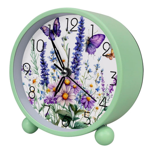 IROLSKDNFH 4.3" Analog Alarm Clock Silent Non Ticking, Small Clock with Night Light Battery Operated, Gentle Wake, Easy Set and Read (Wildflowers Purple Bluebell Sage Chamomile with Butterflies)