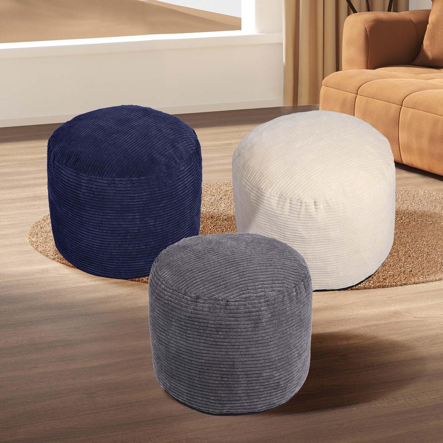 VBGYA Round Pouf Ottoman Foot Rest with Foam Chunk Filling, Corduroy Ottomans for Living Room Floor Poufs (20"x15",Beige)