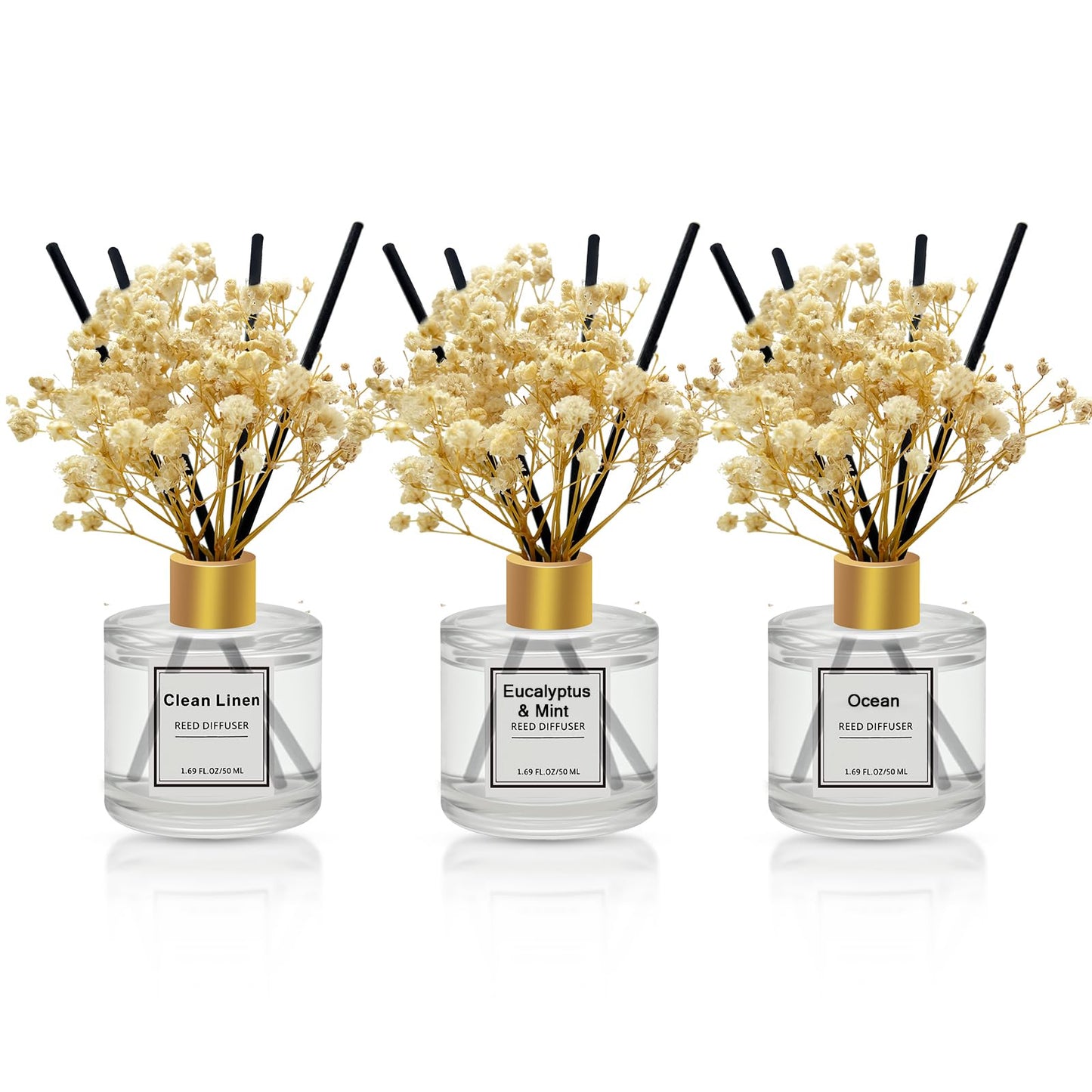 Pierides Reed Diffuser Set of 3 Pack,Clean Linen,Eucalyptus & Mint,Ocean Scented Oil Diffuser with 4 Sticks,Reed Diffusers for Home,Living Room,Bathroom Air Freshener Diffuser,50ml x 3