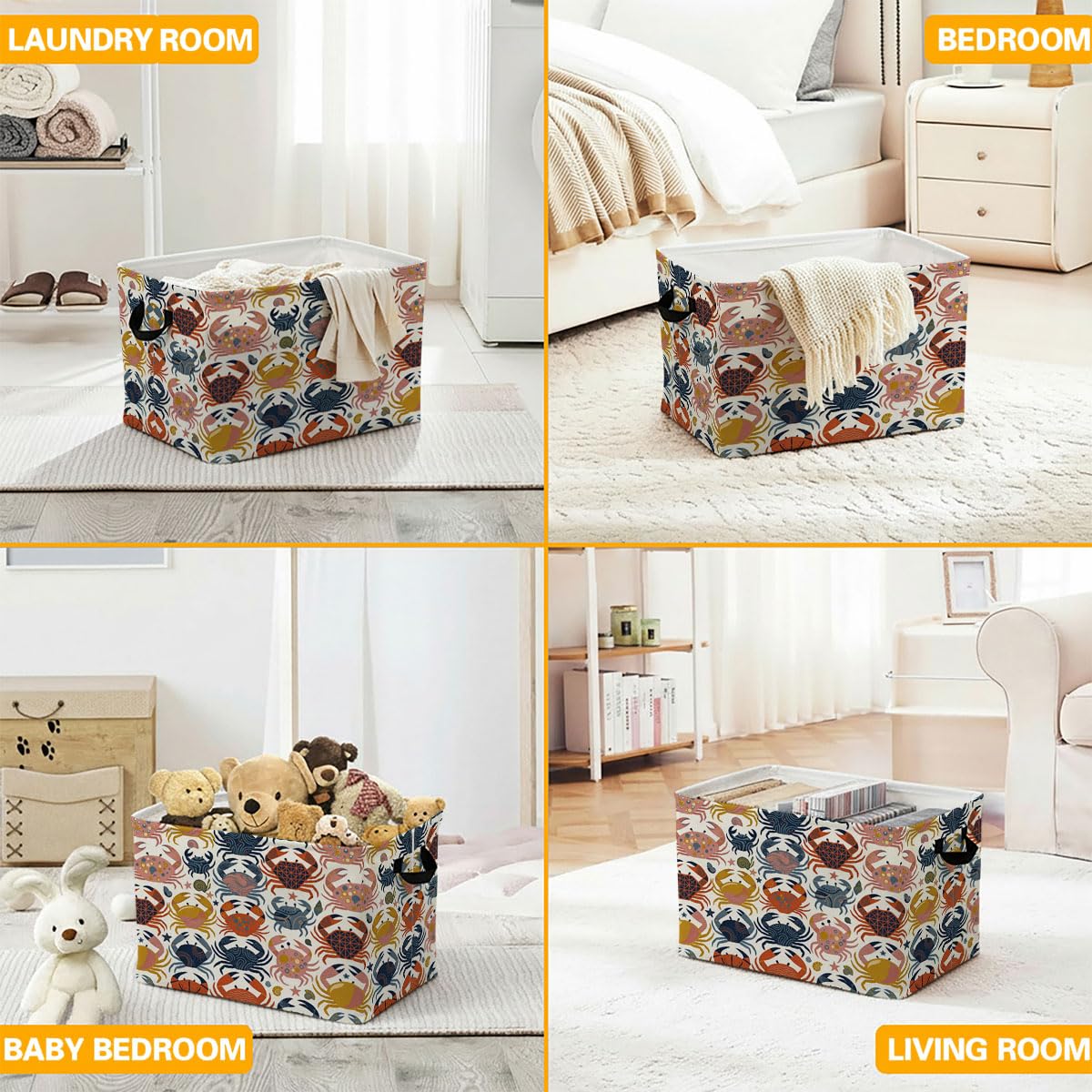 Modern Geometric Crabs Laundry Hamper, 56L Large Foldable Laundry Basket with Handles, for Clothes, Toy Storage Bin, Blankets,Decorative Organizer for Shelves & Closet Home Decor Bedroom & Nursery