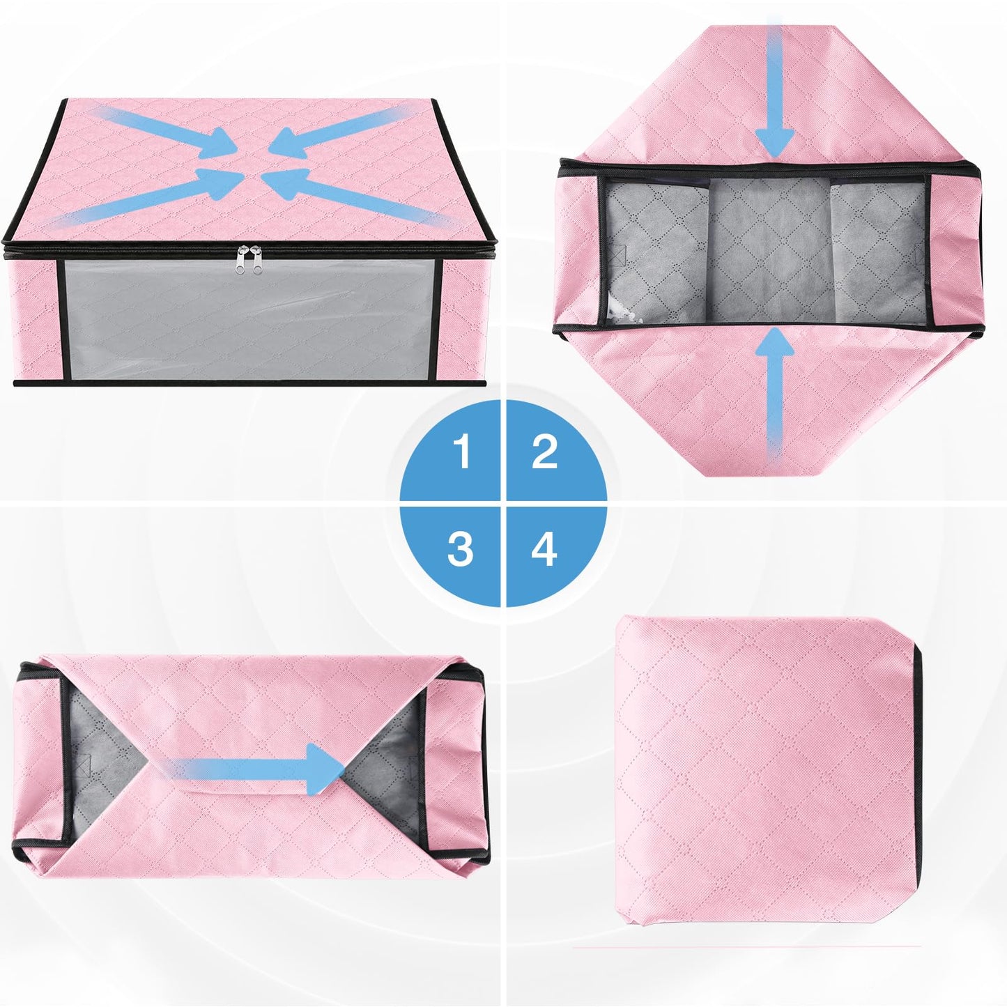 HomeHacks Storage 3-Pack Clothes Organizer Storage Bags Foldable Storage Box with Large Clear Window Sturdy Handles for Closet, Dorm, Pillows, Bedding, Clothes, Blankets, 35L, Pink