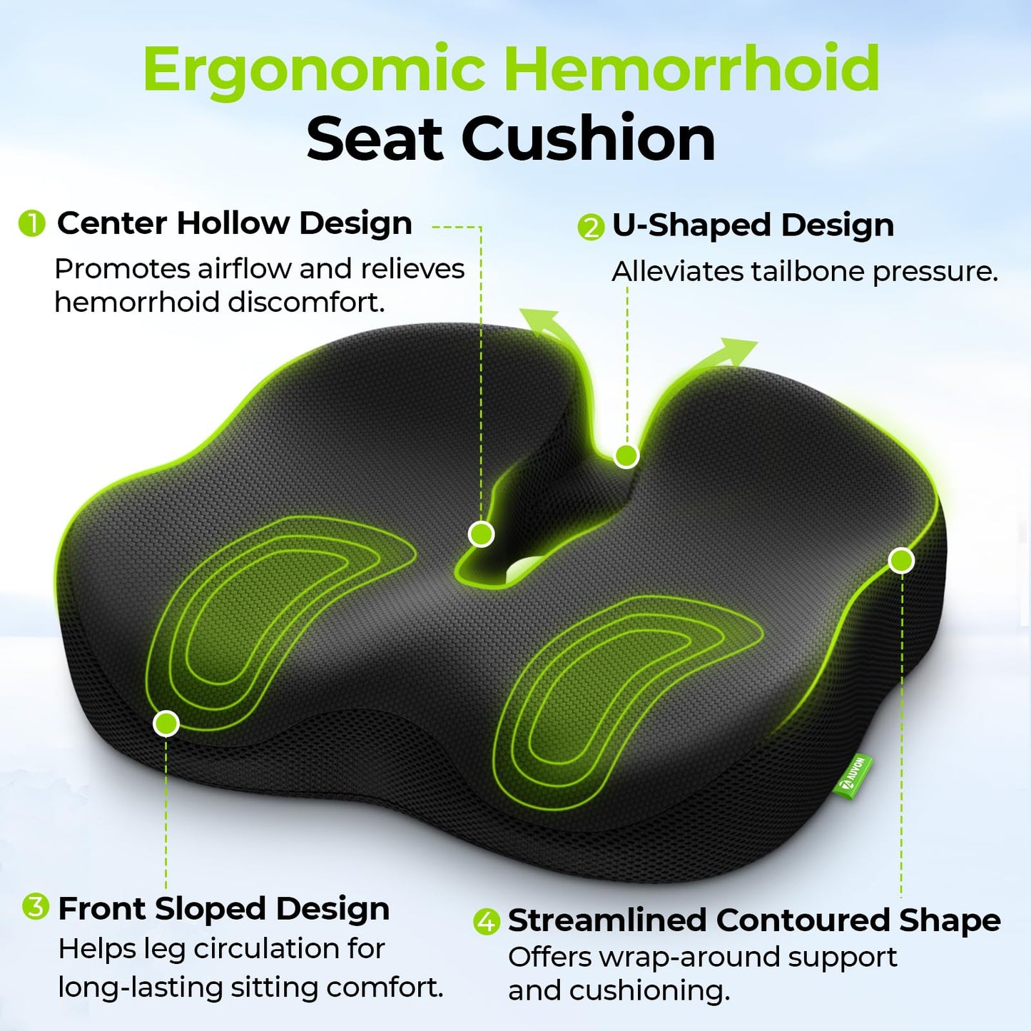 AUVON Ergonomic Donut Pillow Seat Cushion for Hemorrhoid & Tailbone Pain Relief, Thick Memory Foam Chair Cushion with Firm Support for Coccyx, Sciatica, Pressure Sores, Pregnancy, Postpartum Recovery