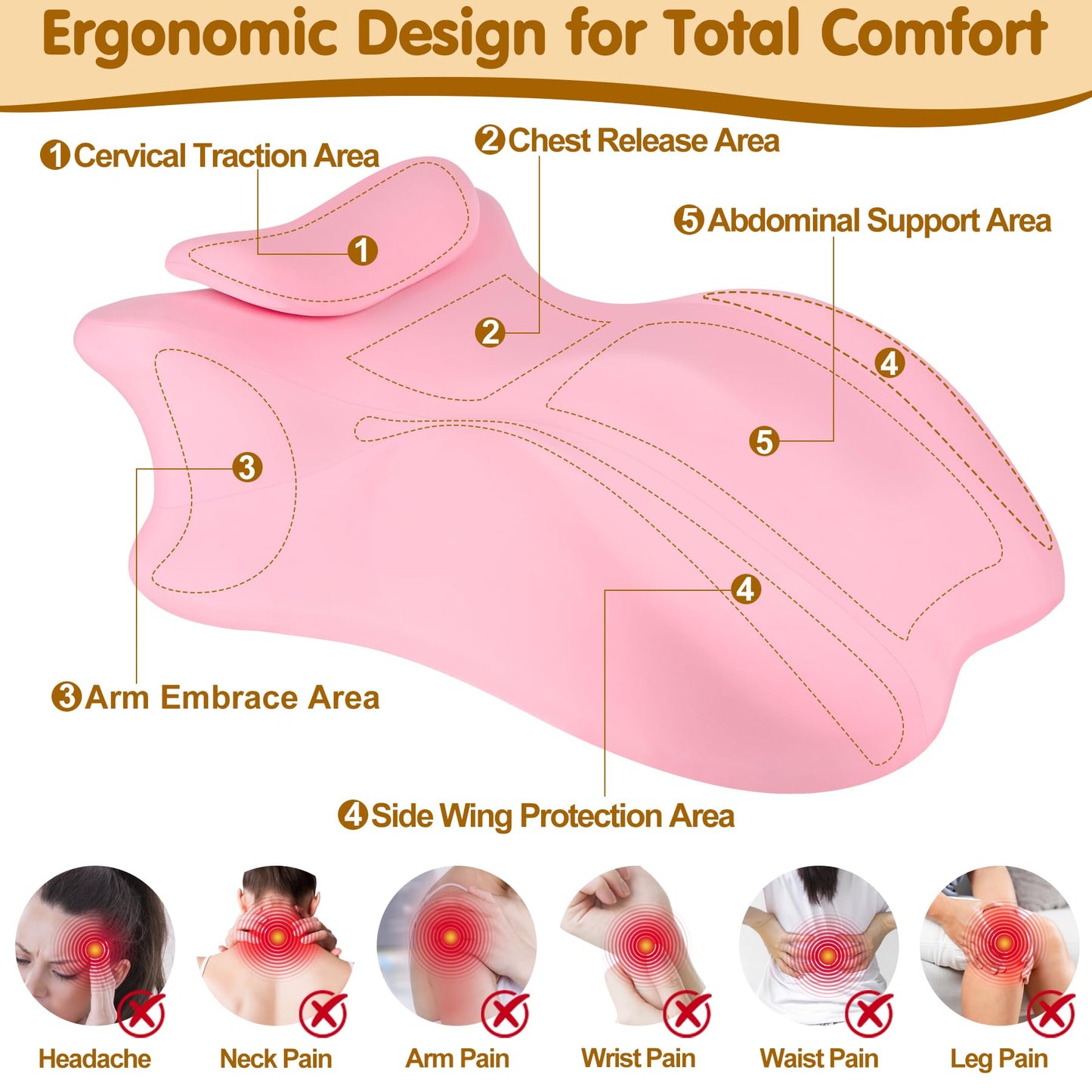 MYFAMIREA Memory Foam Ergonomic Wedge Pillow for Adults, Prone Pillow for Bed Sleeping, Reading, Memory Foam Ergonomic Cushion for Back Support, Sitting Up and Back Pain, with Removable Cover (Pink)