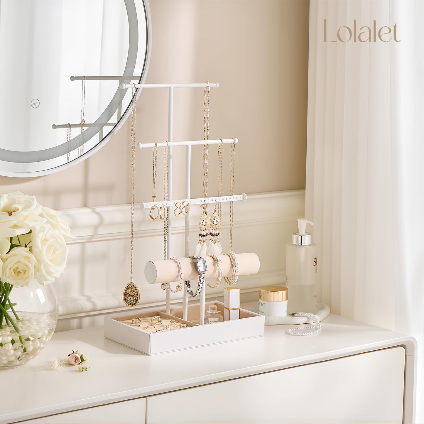 Lolalet Jewelry Holder Tree with Velvet Tray, 4 Tiers Necklace Display Stand Rack with Ring Slots Organizer for Earrings Bracelets Bangles Ring, Valentine's Day Gift -White