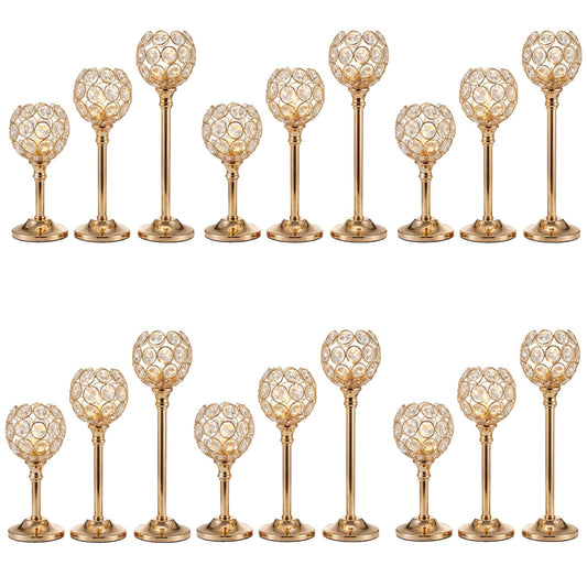 Candle Holder Candlestick Holders- 6Set Gold Crystal Pillar Candle Holders,Metal Candlestick Stands for Wedding Centerpieces,Table Decor for Church,Valentine's Day Housewarming Gift,18Pcs