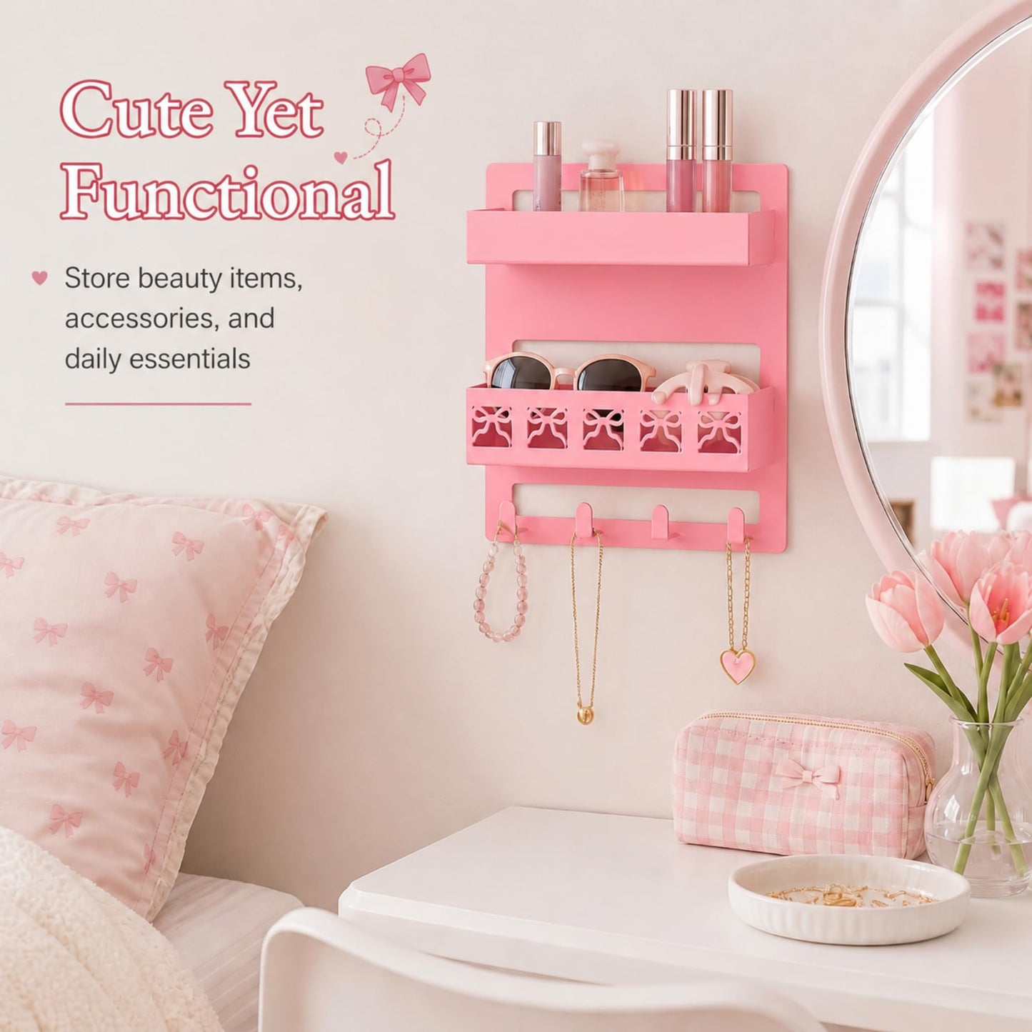 Otoolling Floating Shelves for Bedside Pink Bow Coquette Aesthetic Room Decor Metal Wall Mount Bedside Wall Shelf Organizer Cute Bedroom Accessories for Teen Girl Dorm Room Bunk Bed