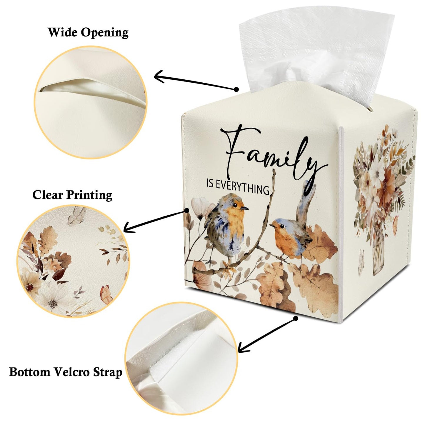Family Leather Tissue Holder with Bottom Belt for Women Housewarming Gift Floral Bird Tissue Box Cover Bathroom Car Nightstand Vanity Kitchen Decor Waterproof Napkin Organizer Dispenser - FS713
