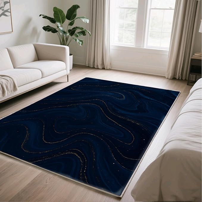 Luxury Marble Rug - 4x5 Rug, Navy Blue Marble Area Rugs, Modern Abstract Outdoor Rugs, Washable & Non Slip Carpet Home Decor