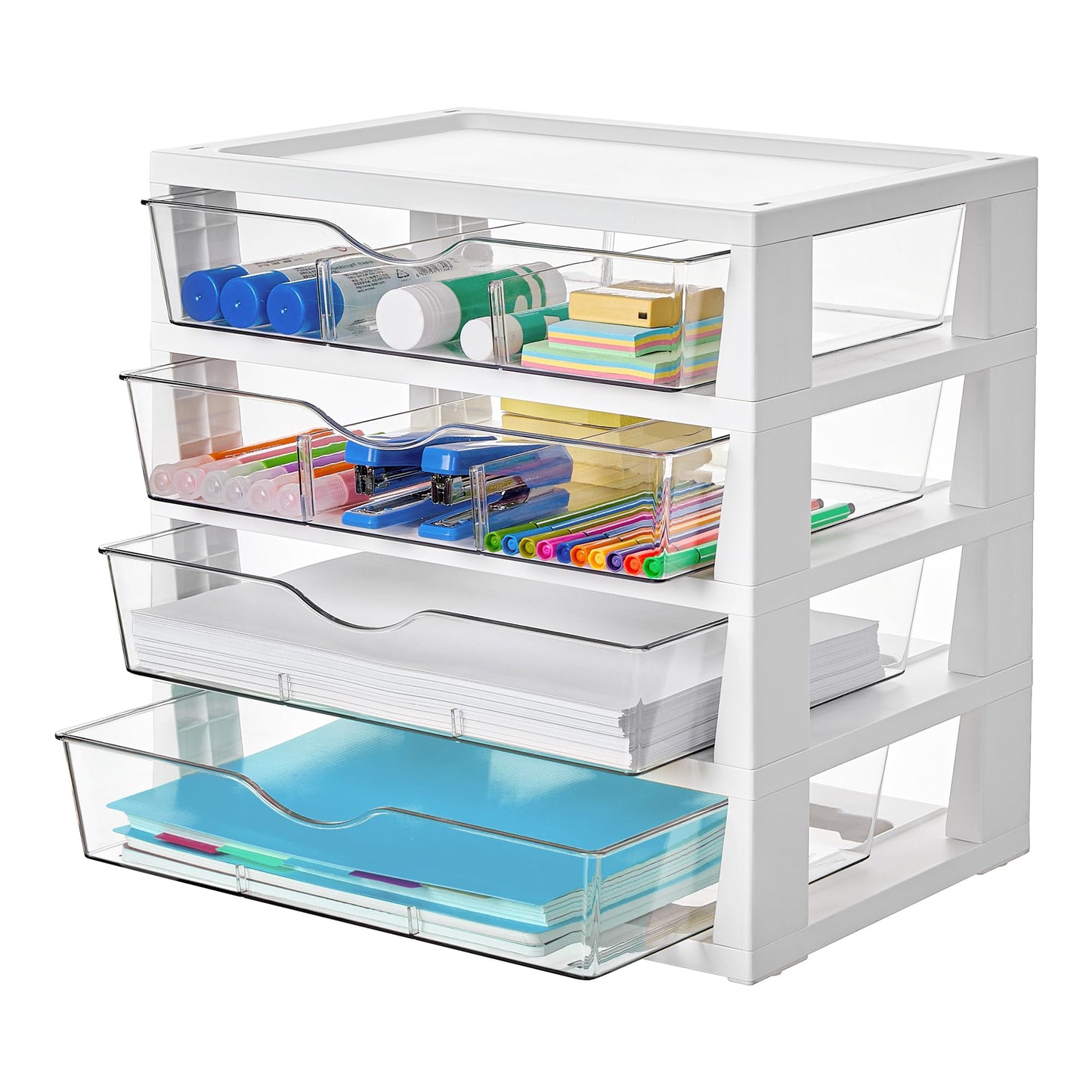 Vtopmart Clear Plastic Desk Organizer, 4-Tier Assemble Desktop File Organizer with Drawers, Office Desk Organization for Office Supplies