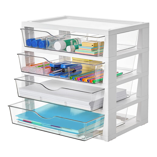 Vtopmart Clear Plastic Desk Organizer, 4-Tier Assemble Desktop File Organizer with Drawers, Office Desk Organization for Office Supplies