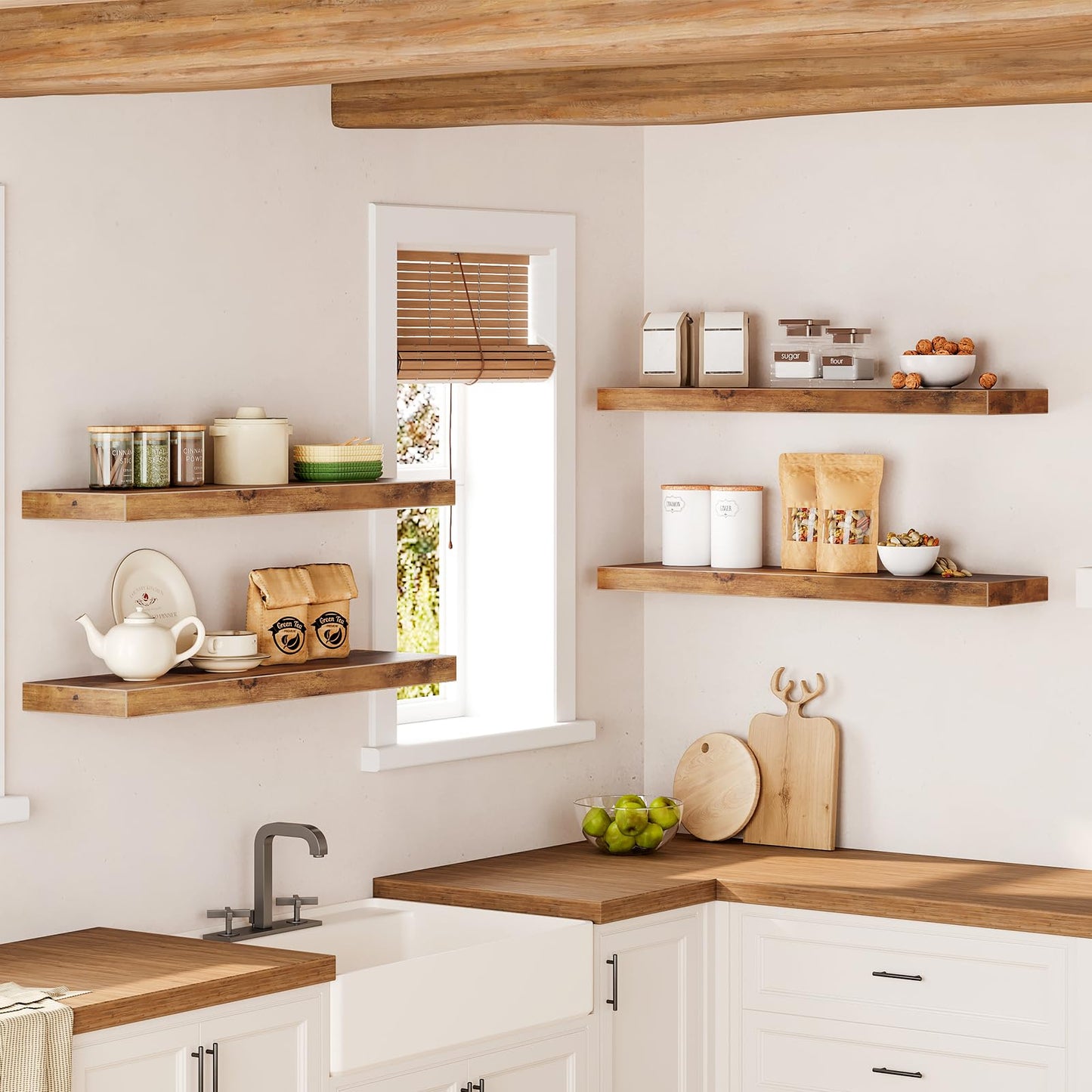 RALGEND Floating Shelves for Wall, 31.5" Long Wall Shelf Set of 4 with Invisible Brackets, 1.5" Thick Hanging Shelves Farmhouse Home Decor for Bathroom, Living Room, Bedroom, Rustic Brown 8301BJP4BF