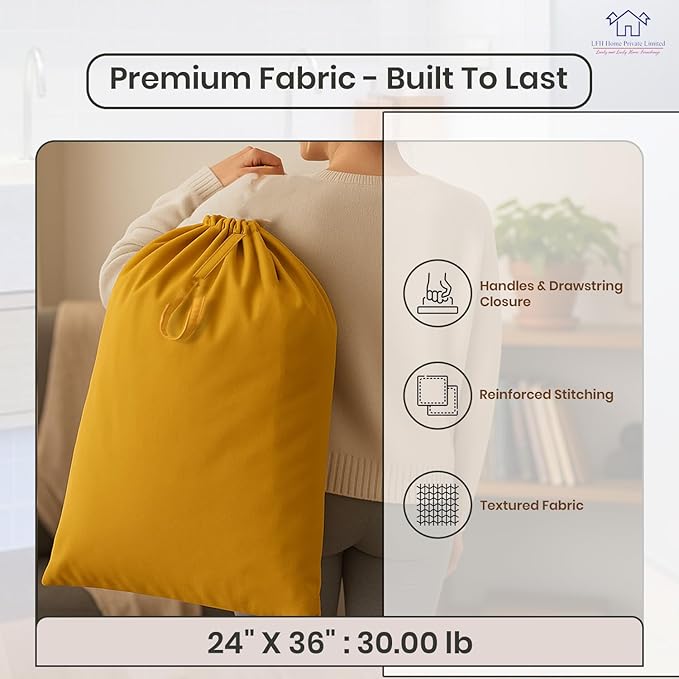LFH Home Large Premium Cotton Canvas Laundry Bag with Drawstring and Handles Heavy Duty, Multi-Use, and Washable for Home, Travel, College or Storage 24x36 (Pack of 4)-Yellow