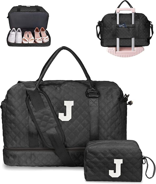 Vogewood Personalized Initial Duffel Bag, Black, Medium, Polyester, 12" x 7" x 2"