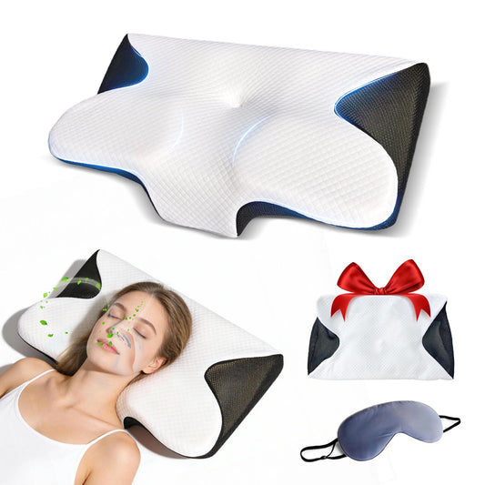 Keaolotay 2 in1 Memory Foam Cervical Pillow, Ergonomic Orthopedic Contoured Support Pillow for Neck Pain Relief, Bed Pillow for Side Back Stomach Sleepers Comes with 2 Pillowcases & 1 Eye Mask(Black)