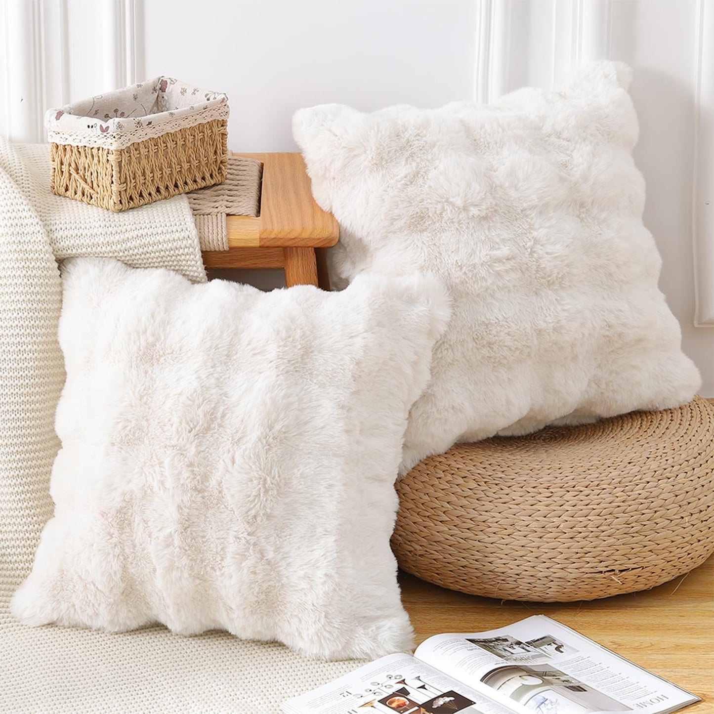 MADIZZ Pack of 2 Thick Plush Faux Wool Throw Pillow Covers Soft Boho Throw Pillows Luxurious Cushion Covers for Couch Sofa Bedroom Living Room Home Decor 18x18 Inch Cream