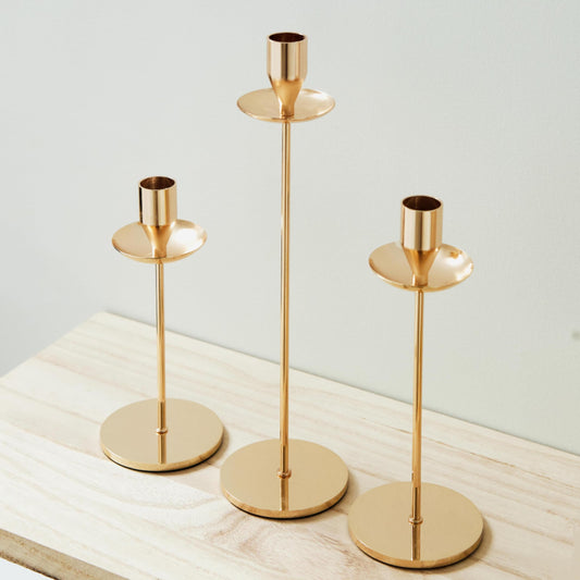 DN DECONATION Gold Candle Holders, Brass Taper Candlestick Holders Set of 3, Vintage Metal Candle Sticks Holder with Wax-Catcher for Fall Decor, Thanksgiving Table Centerpiece, Wedding