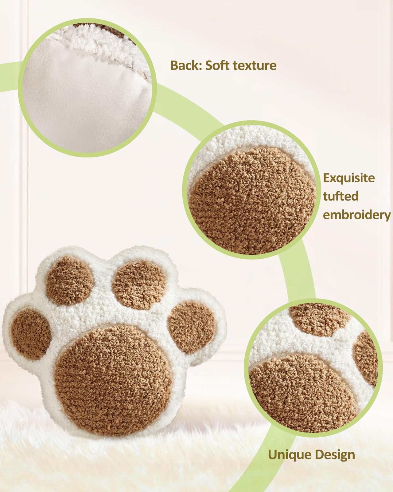Kokaaee Paw Shaped Throw Pillow - Cute Decorative Plush Brown Animal Pillow for Couch, Sofa, or Living Room, 14.2" x 12.6" Soft Stuffed Dog Paw Cushion for Home Decor