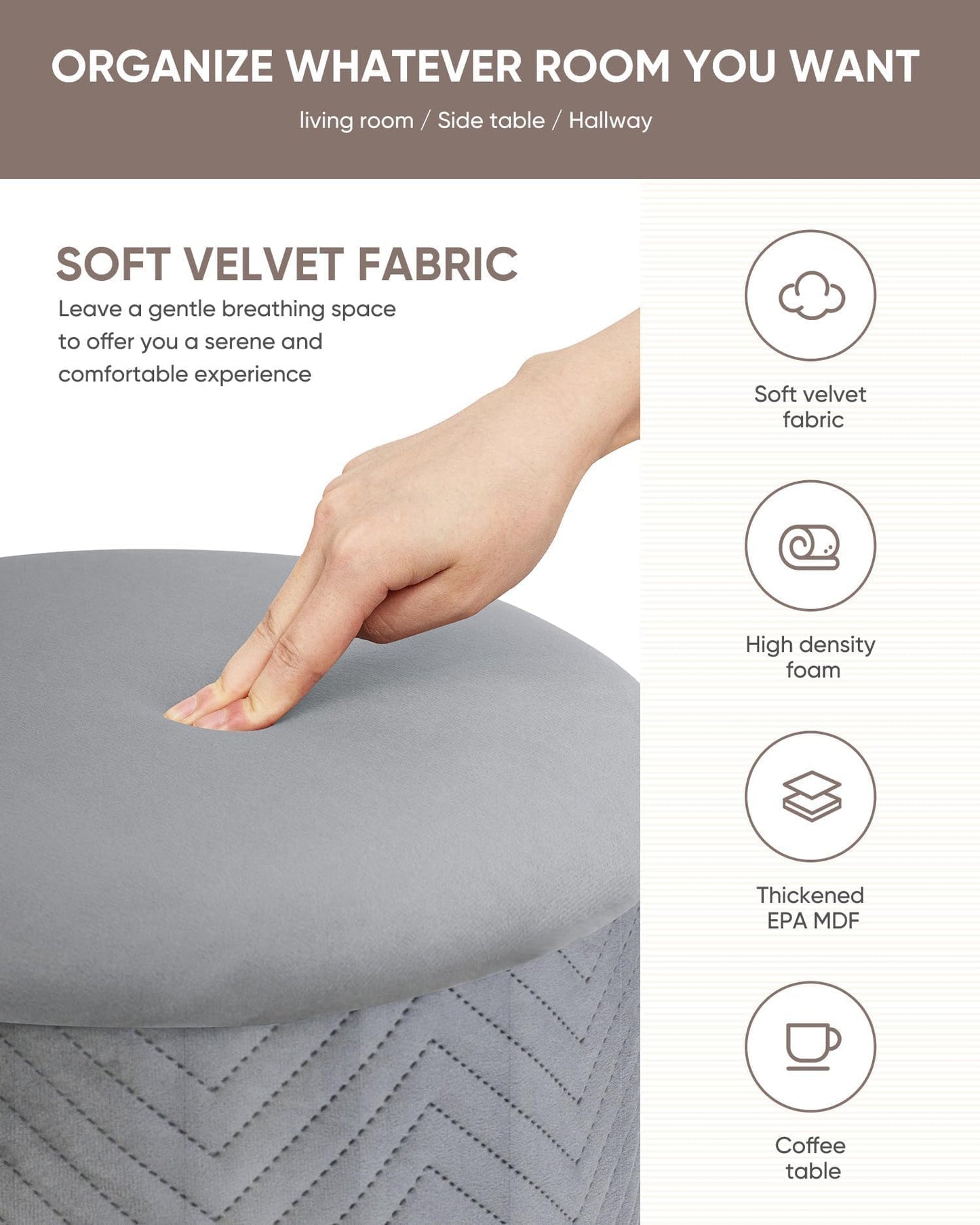 B FSOBEIIALEO Ottoman with Stroage, Round Velvet Storage Ottoman with Gold Plating Base,Foot Rest Stool for Dorm Room, Living Room Grey, 14.76"x14.76"x16.34"